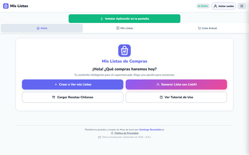 Captura del sitio Mis Listas de Compras